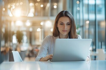 Fototapeta premium A young professional woman marketer, focused on her laptop, works in a bright, modern office, the scene exuding creativity and professionalism in a high-end lifestyle style