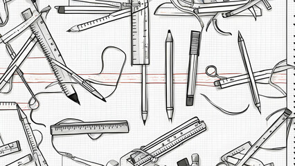 A variety of drawing tools arranged intricately on graph paper, showcasing creativity and artistry in a balanced layout.