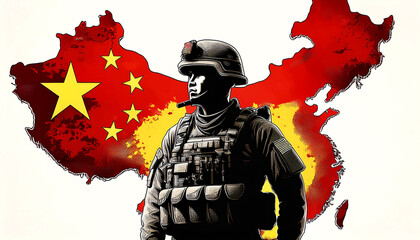 China Soldier Silhouette with Flag and Map Illustration