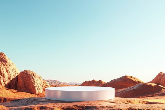 A modern podium set against the backdrop of Mars' rugged terrain and a clear blue sky, perfect for sci-fi inspired product presentations