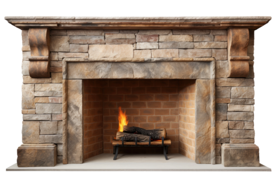 Warmth Emitted From a Stone Fireplace With Burning Logs on a White or Clear Surface PNG Transparent Background.