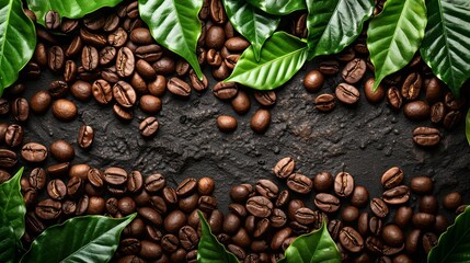 Fototapeta premium A background image of coffee beans with green leafs
