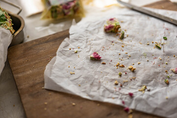 Snowflake Crisp (Milk Nougat Bites)wooden background
