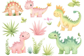 Naklejka premium Watercolor style cartoon illustration set of cute little Dino or Dragon isolated on white background