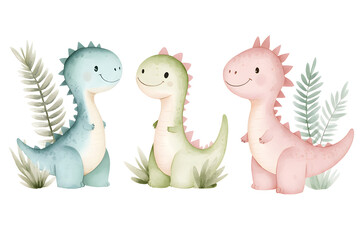 Watercolor style cartoon illustration set of cute little Dino or  Dragon isolated on white background