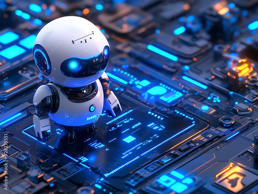 Aufkleber Futuristic Robot Standing On Circuit Board.