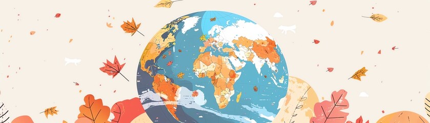 Autumn globe, seasonal world map, flat design illustration