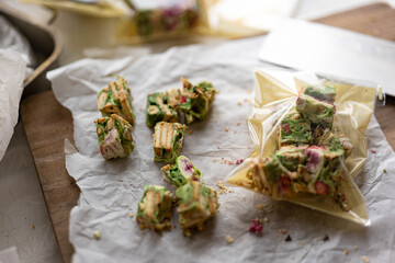 Snowflake Crisp (Milk Nougat Bites)wooden background