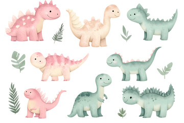 Obraz premium Watercolor style cartoon illustration set of cute little Dino or Dragon isolated on white background