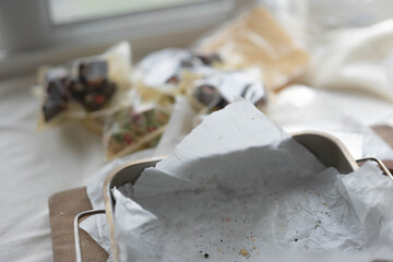 Snowflake Crisp (Milk Nougat Bites)wooden background