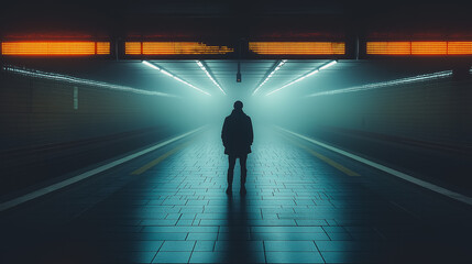 A man stands in a dark tunnel with a yellow sign above him