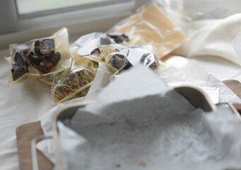 Snowflake Crisp (Milk Nougat Bites)wooden background