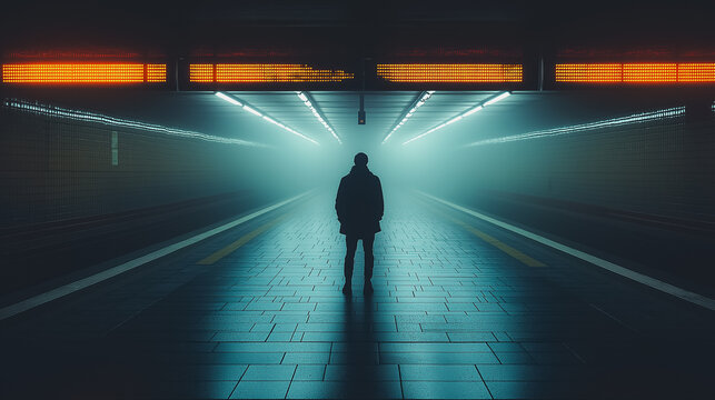A man stands in a dark tunnel with a yellow sign above him