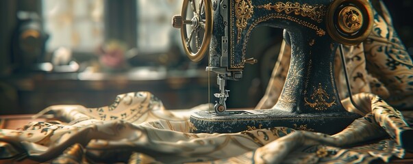 Vintage sewing machine stitching fabric into elegant garments, 4K hyperrealistic photo