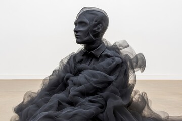 A captivating art piece featuring a figure enveloped in flowing black fabric, evoking mystery and contemplation.