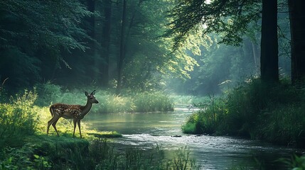 A spotted deer stands on the bank of a river flowing through a misty green forest, sunlight shining through the trees.