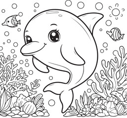 Dolphin lineart coloring book illustration