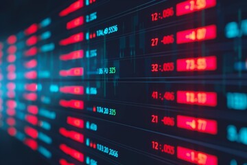 Naklejka premium Close-up view of digital stock market data displayed on a screen, showcasing fluctuations and trends in vibrant colors.