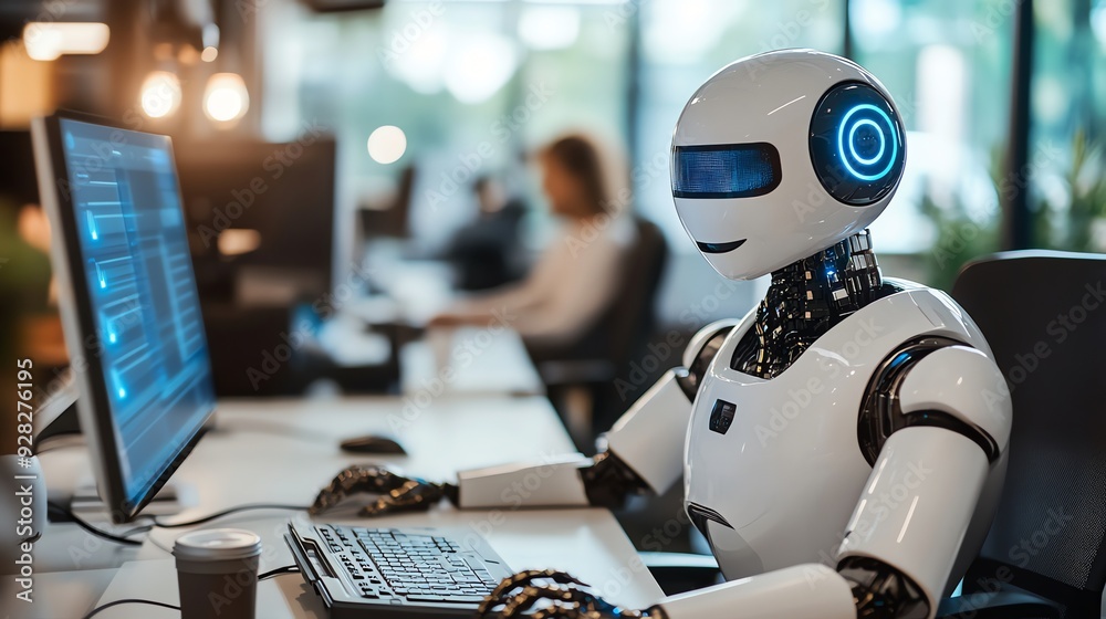 Poster Futuristic robot working on a computer.