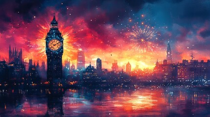 Stunning sunset view over the city skyline, featuring fireworks and a prominent clock tower illuminating the vibrant night sky.