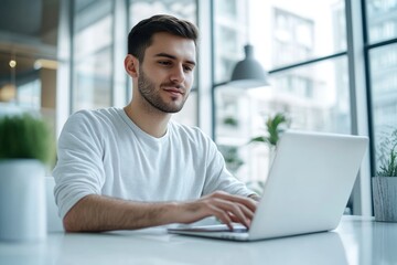 Fototapeta premium High-resolution brightly lit photorealistic candid photograph of a young marketer in casual attire, working on his laptop in a bright, modern office. The photograph is styled like a high-end