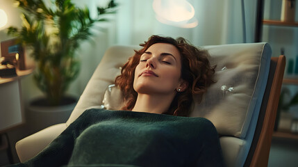 A therapist supports a patient reclining in a comfortable chair, creating a serene atmosphere for relaxation and hypnosis in a nurturing environment