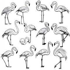 Obraz premium A collection of illustrated flamingos in various poses and arrangements.