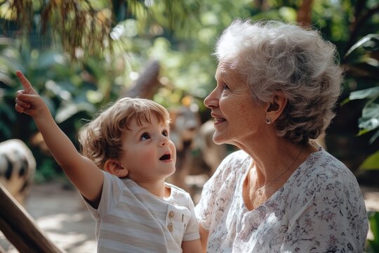 High-resolution brightly lit photorealistic candid photograph of a grandmother and grandchild exploring a zoo together, pointing out animals and sharing excitement. The photograph is styled like a