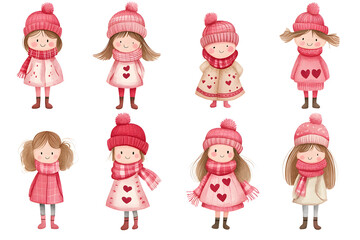 Fototapeta premium Watercolor style cartoon illustration set of cute girls wearing warm winter clothes, isolated on white background