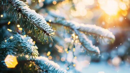 Snowy Pine Branch Glowing in Golden Light