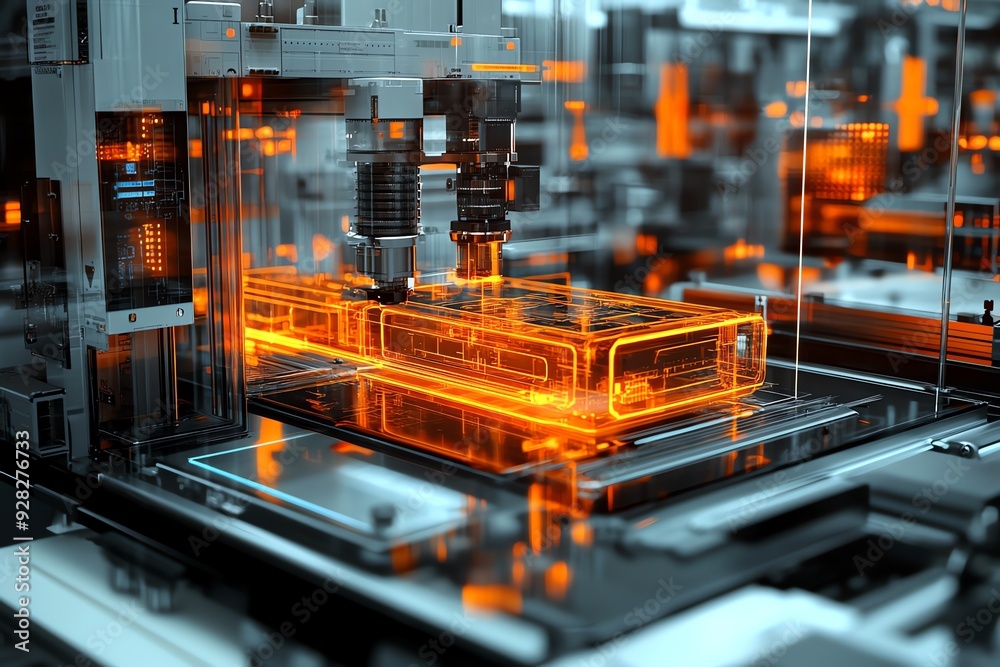 Poster futuristic robotic assembly line with orange glow.