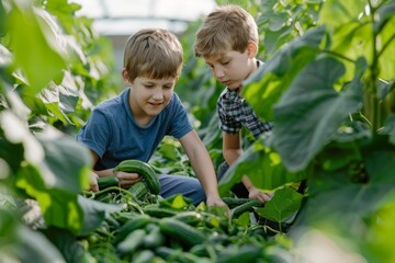 Two boys pick cucumbers on a farm, Generative AI