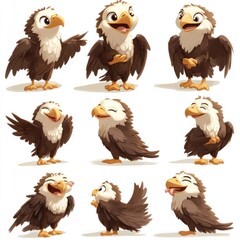 Naklejka premium A collection of cartoon eagle characters displaying various emotions and poses.