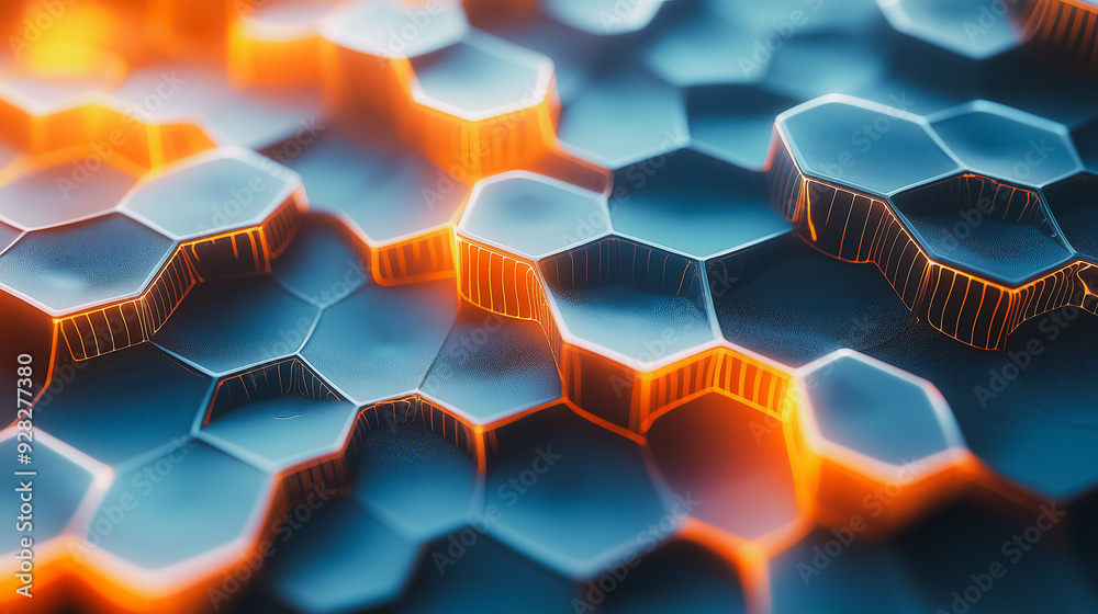 Poster a computer generated image of a blue and orange hexagonal pattern. the image has a futuristic and ab