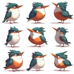 Fototapeta premium A collection of cartoon-style kingfisher birds in various poses and expressions.
