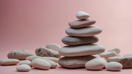 White stones stacked in a pyramid on a pink background.