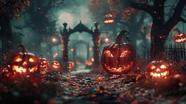 Halloween pumpkin night scary in castle, Halloween pumpkin decoration. Halloween background video,  Scary Halloween background