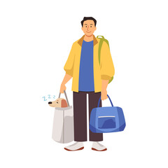 Man with a bag in which a dog sleeps. Traveling with a pet.