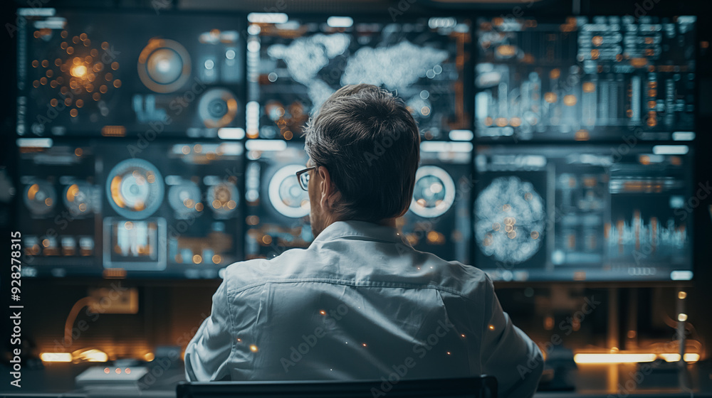 Poster a man is sitting in front of a computer monitor with several screens displaying data. the man is foc