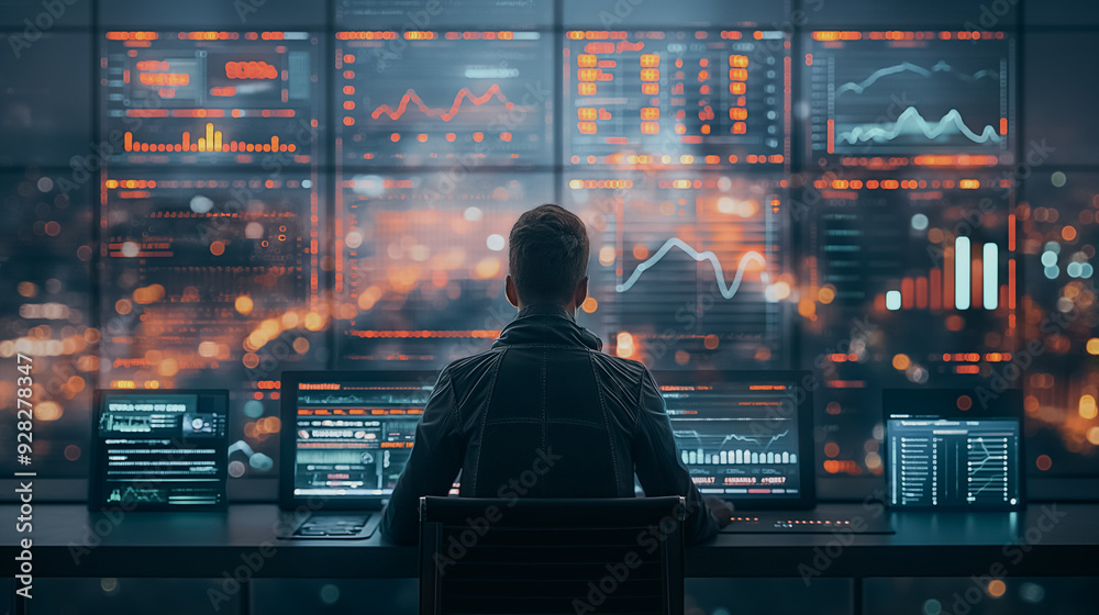 Poster a man is sitting in front of a computer monitor with several graphs and charts on it. he is focused 