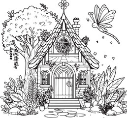 Fairy house line art coloring book illustration for kids