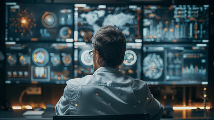 A man is sitting in front of a computer monitor with several screens displaying data. The man is focused on the screens, possibly analyzing the information or working on a project