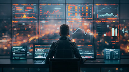 A man is sitting in front of a computer monitor with several graphs and charts on it. He is focused on the screen, possibly analyzing data or working on a project. Scene is serious and focused