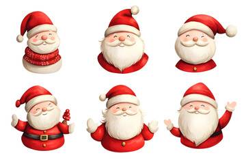 Collection of funny watercolor cartoon Santa. Santa Claus Christmas and New Year set isolated on white background