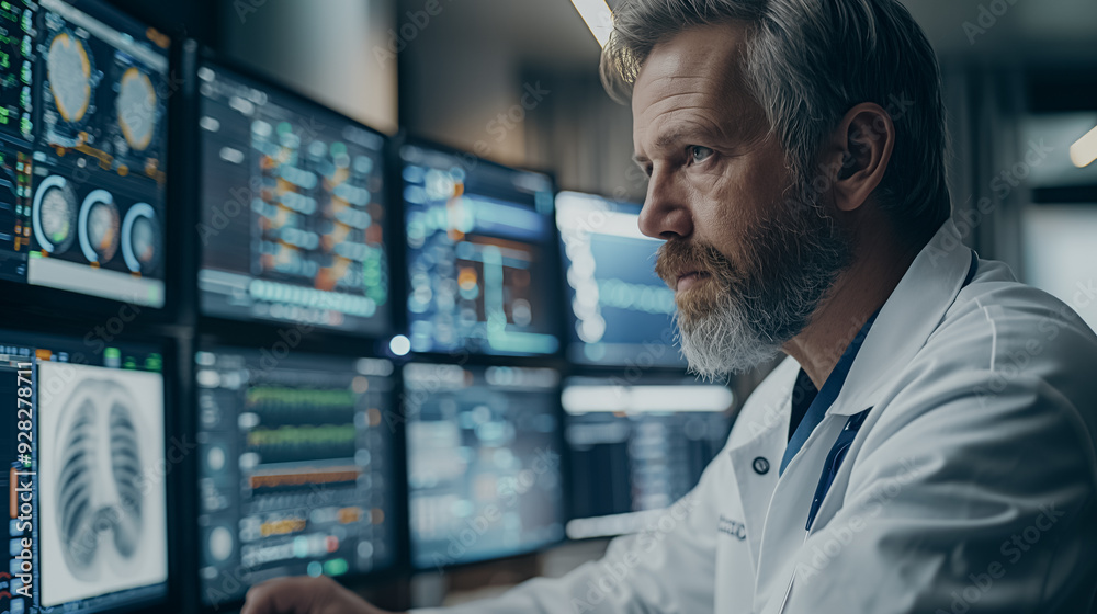 Poster a man in a white lab coat is looking at a computer monitor with several screens displaying medical d