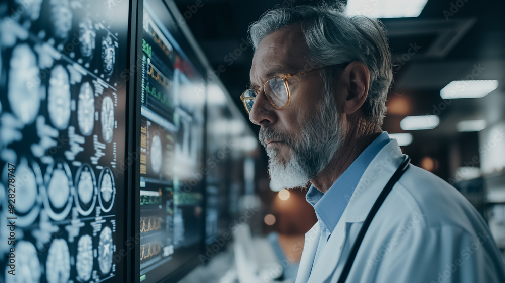Poster a man in a white lab coat is looking at a computer monitor displaying a series of images. the images