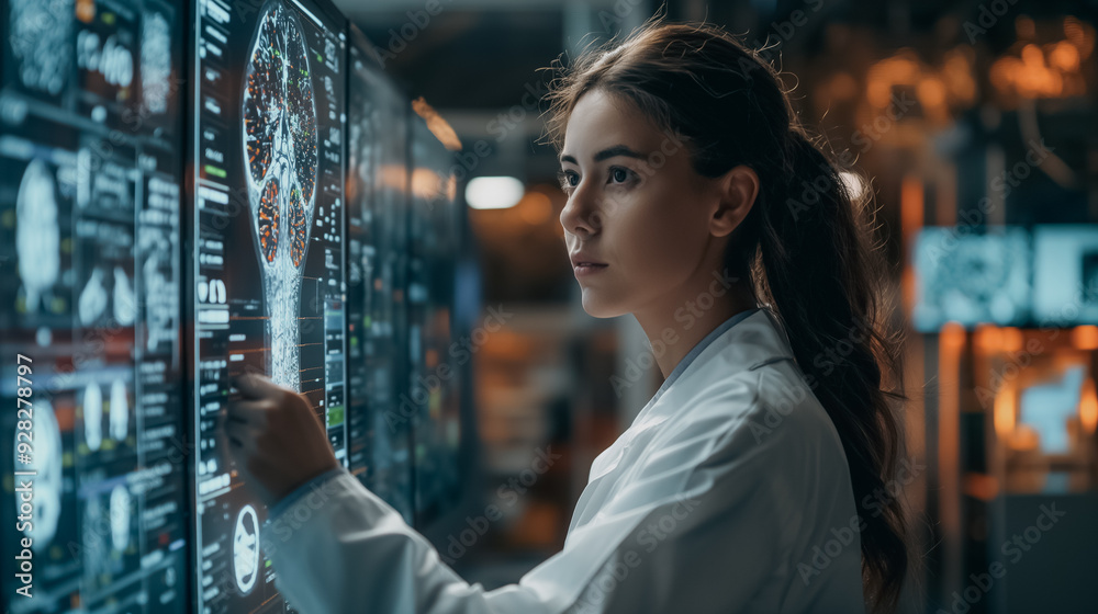 Poster a woman in a white lab coat is looking at a computer monitor displaying a brain scan. she is pointin