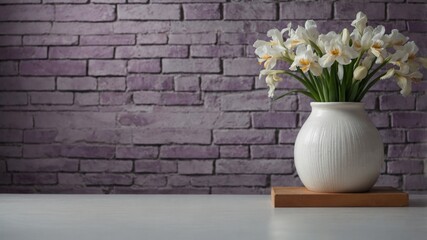 wall brick white a with table white a on vase a in irises Purple. © Den Boro Day