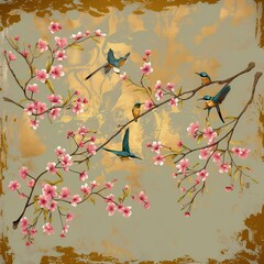 birds on a branch painting in chinoiseries style. brass background	