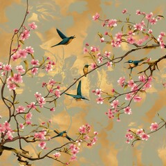 birds on a branch painting in chinoiseries style. brass background	